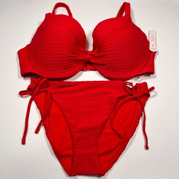Victoria Secret 38DDD L TWIST FRONT Push Up Bikini Top Bottom Set Textured Red - Picture 1 of 11